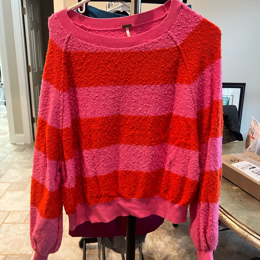 Free People Pink and Red Striped Crew Neck Sweater